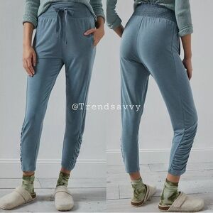 ANTHROPOLOGIE Blue Ruched Joggers Smocked Waist Pants Workout Petite Size LP NWT